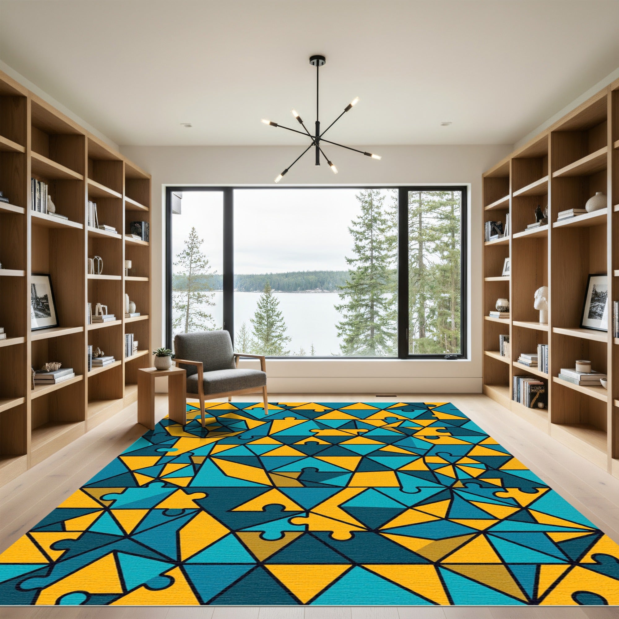 Geometric Teal and Gold Jigsaw Mosaic Rug