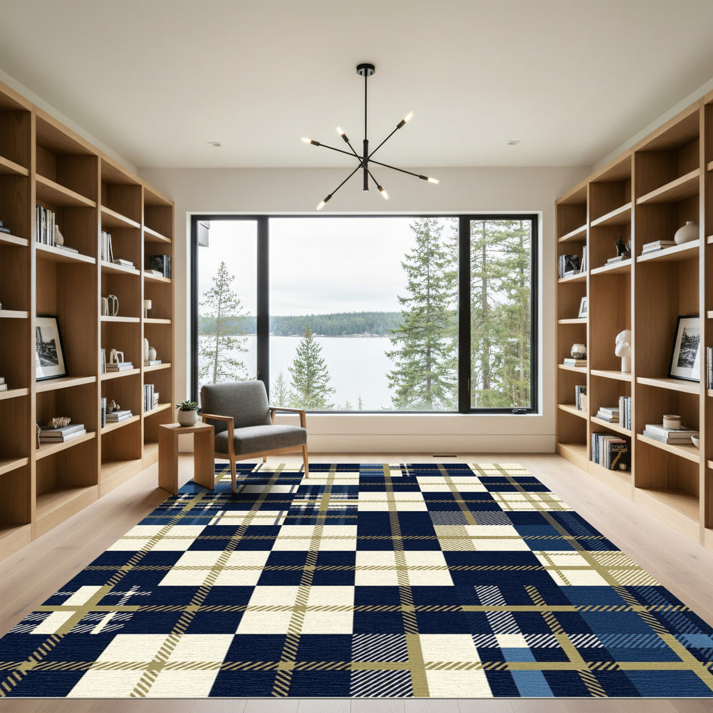 Navy and Cream Plaid Grid Rug
