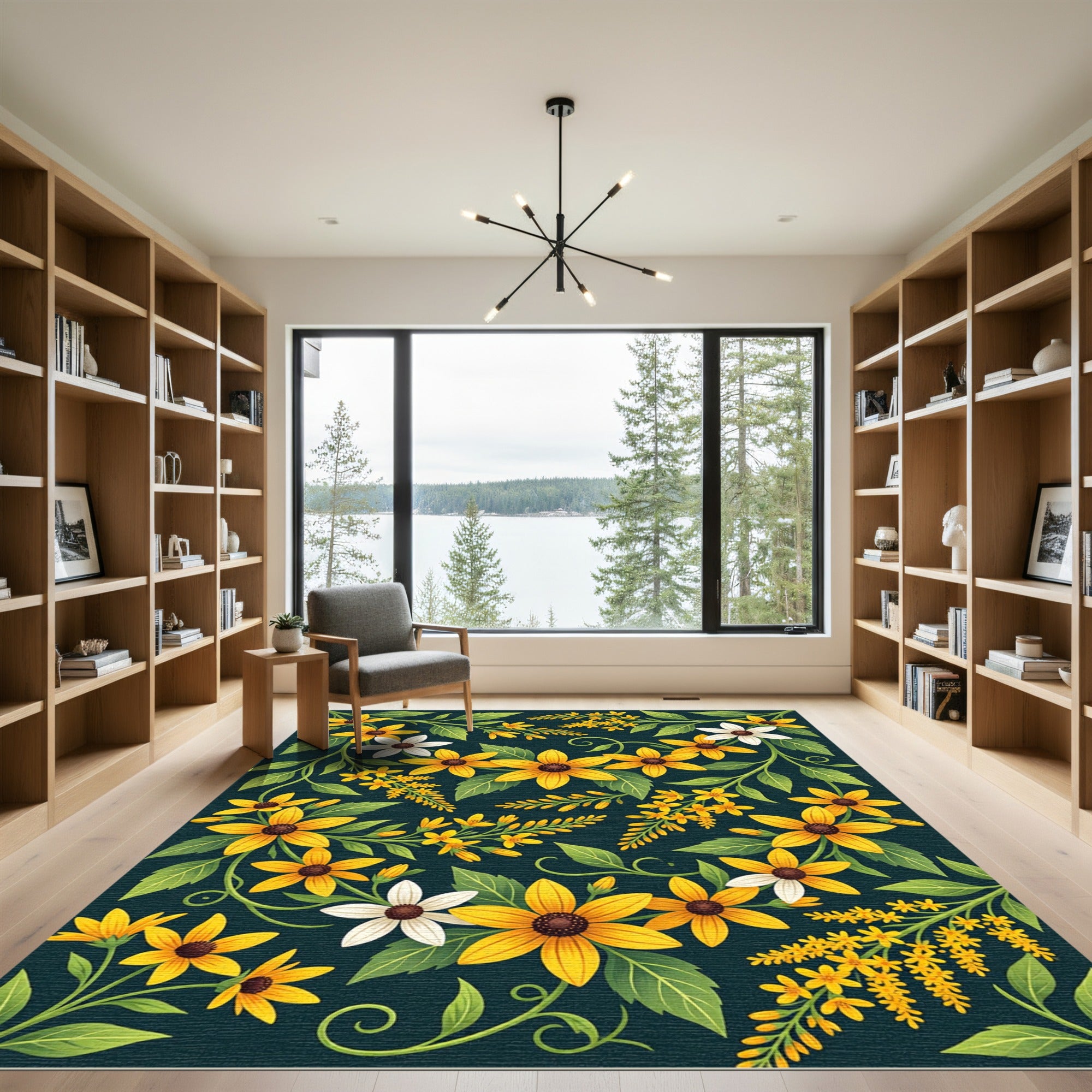 Golden Sunflower Meadow Dark Botanical Rug