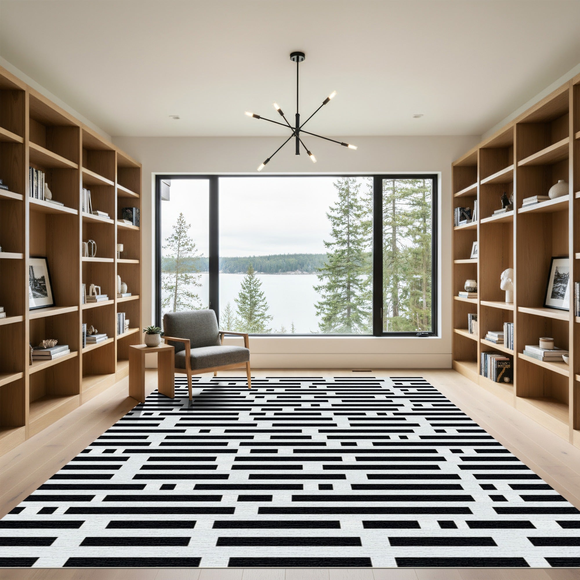 Black White Irregular Stripe Maze Rug