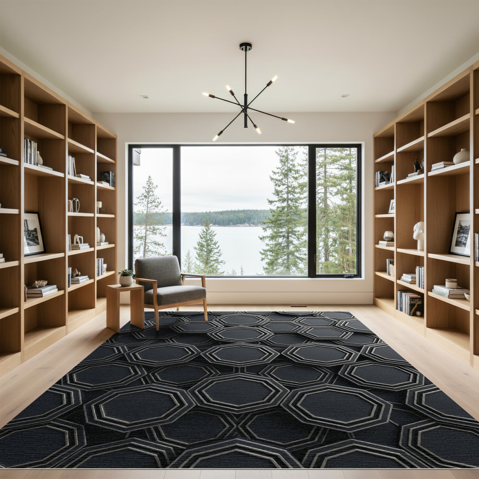 Metallic Charcoal Geometric Octagon Grid Rug