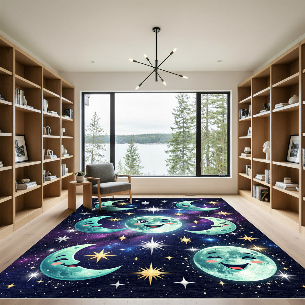 Whimsical Teal Moon And Stars Rug