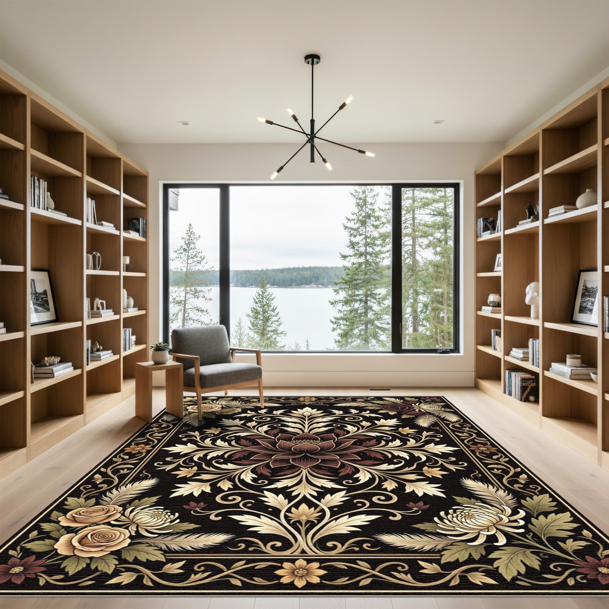 Elegant Dark Floral Gold Filigree Rug