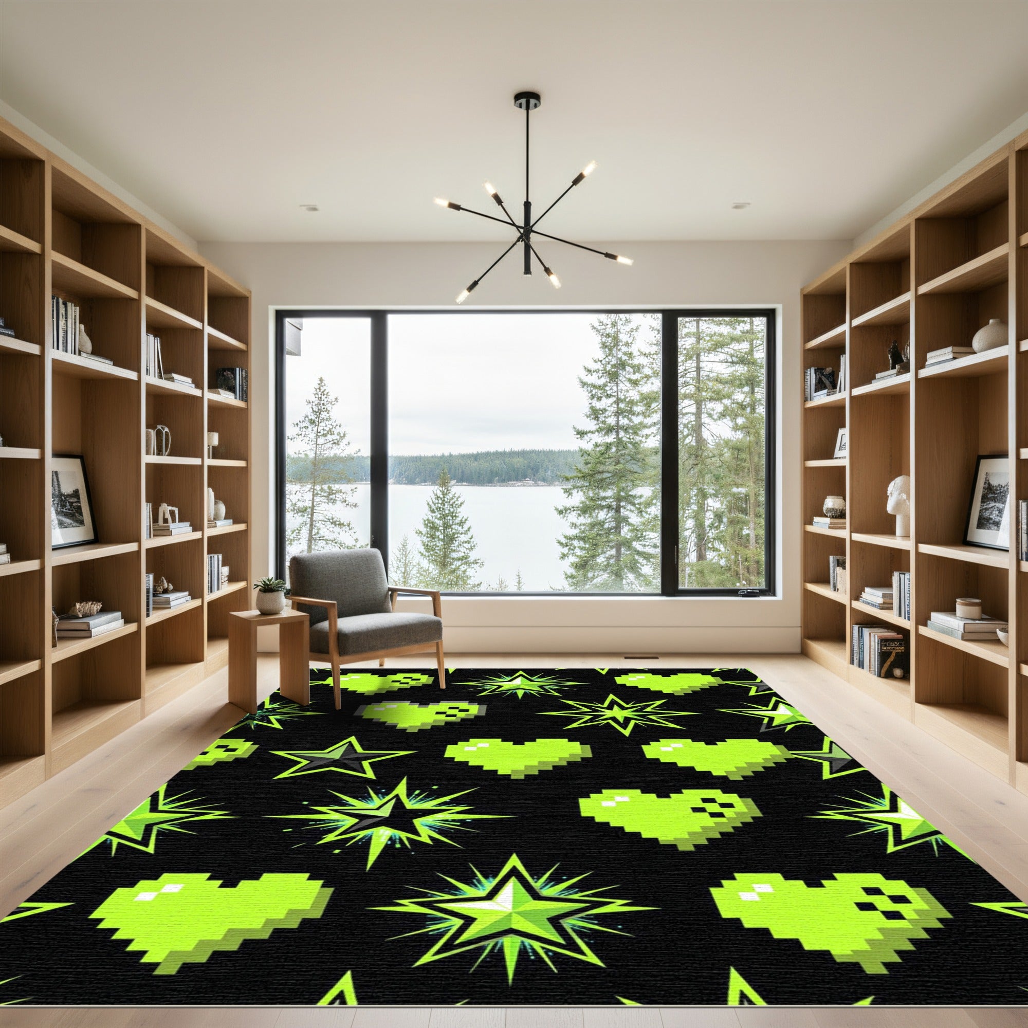 Neon Pixelated Hearts and Radiating Stars Rug