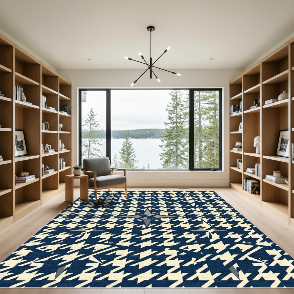 Navy and Cream Houndstooth Starburst Rug