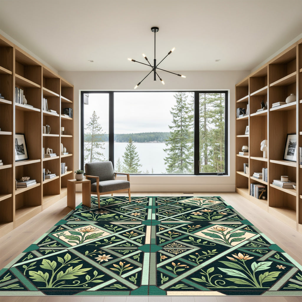 Emerald Green Floral Geometric Tile Rug