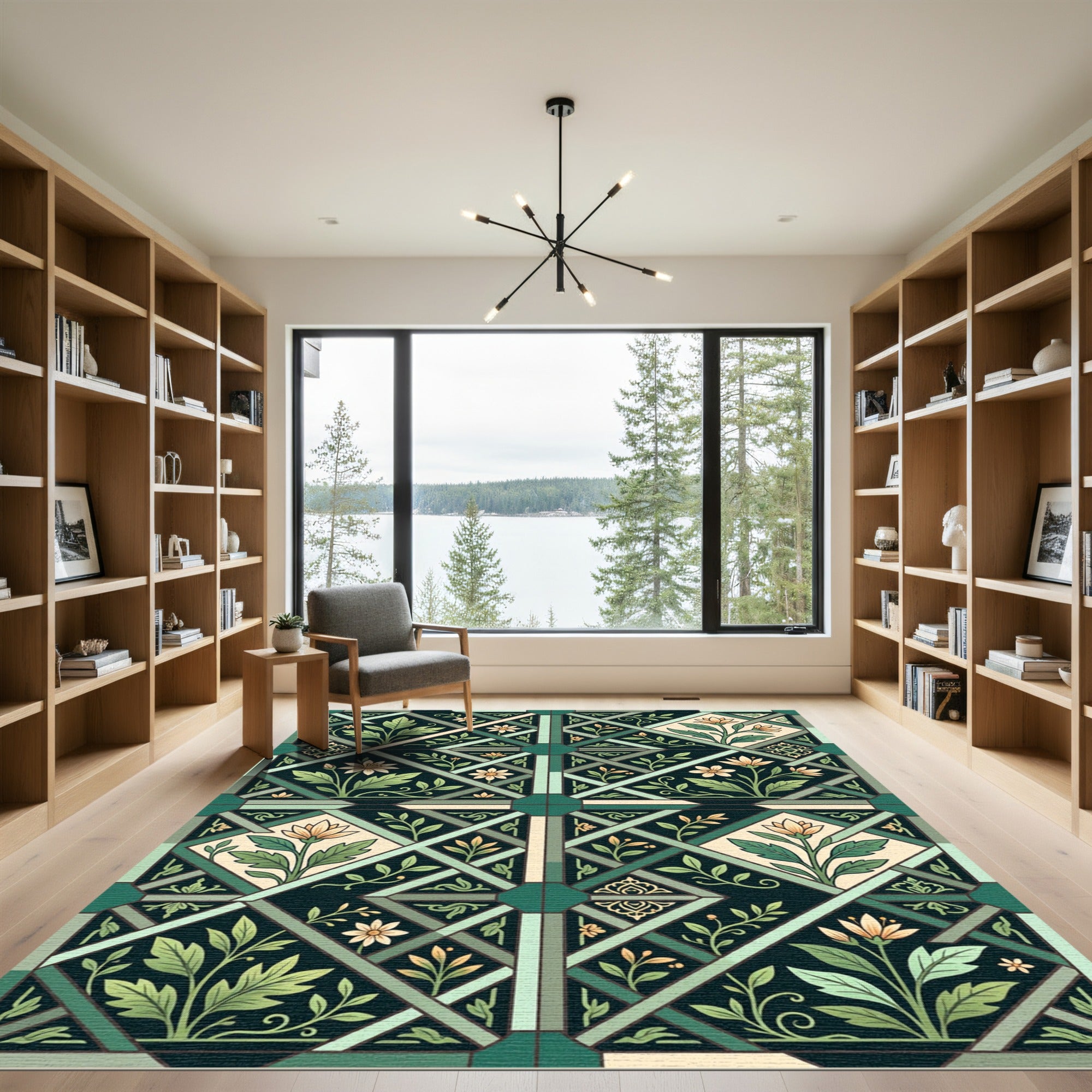 Emerald Green Floral Geometric Tile Rug