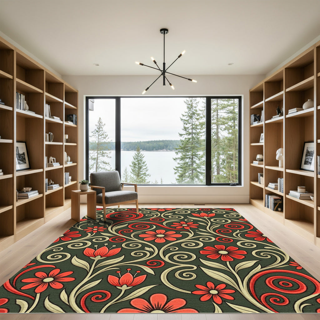 Red Floral Swirl Scroll Work Rug