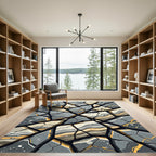 Abstract Cracked Gray and Gold Stone Rug