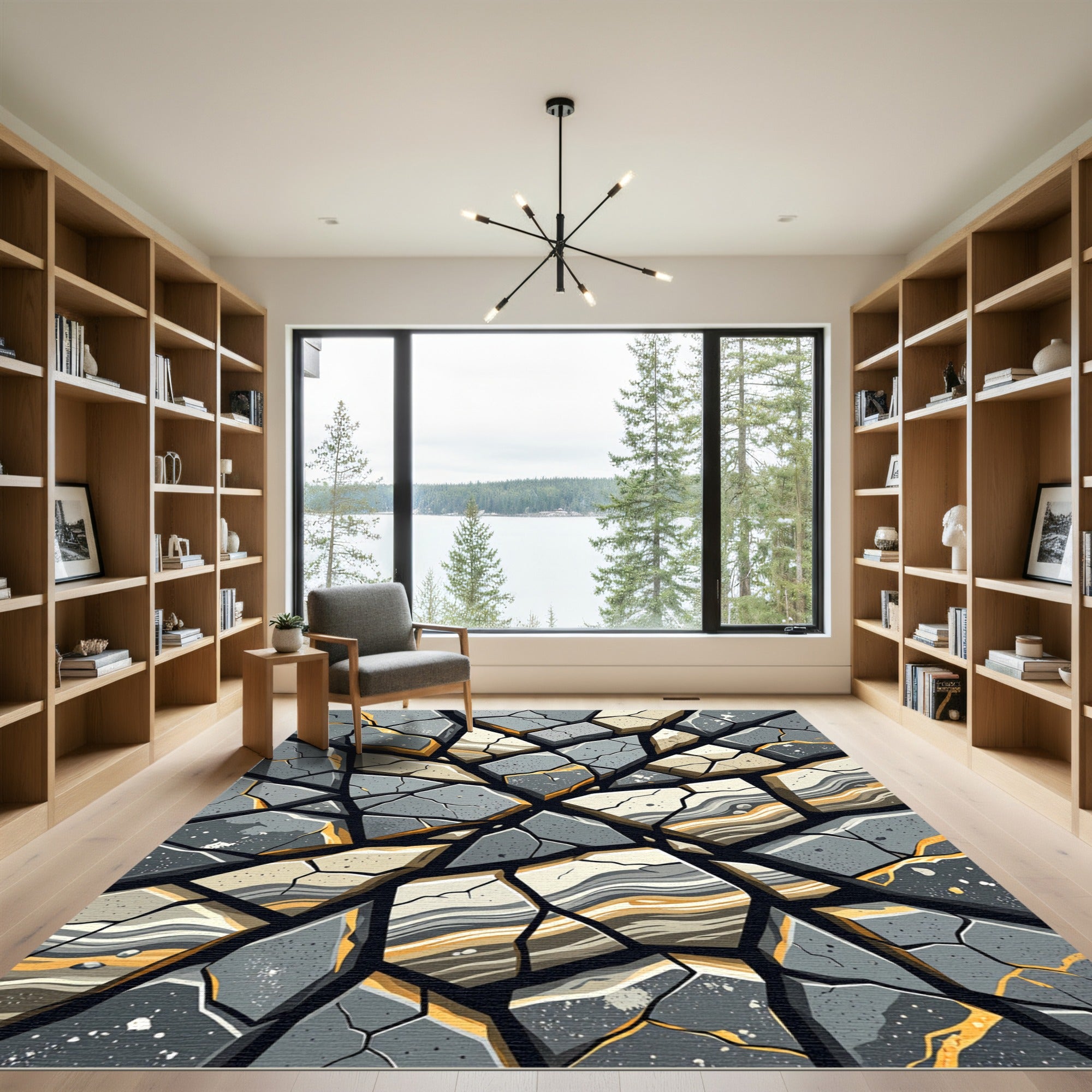 Abstract Cracked Gray and Gold Stone Rug