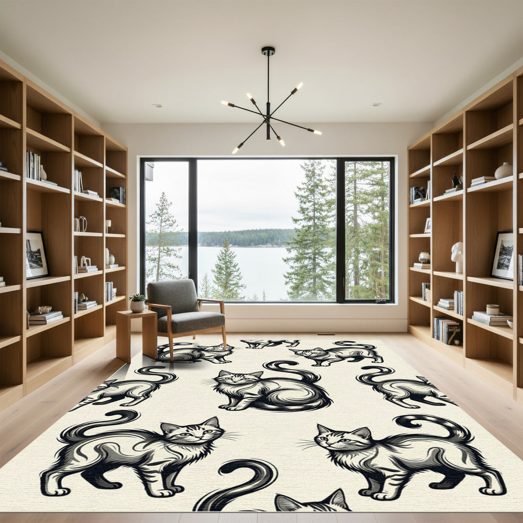 Whimsical Black White Kitten Repeating Rug