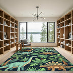Tropical Dinosaur Foliage on Dark Navy Rug