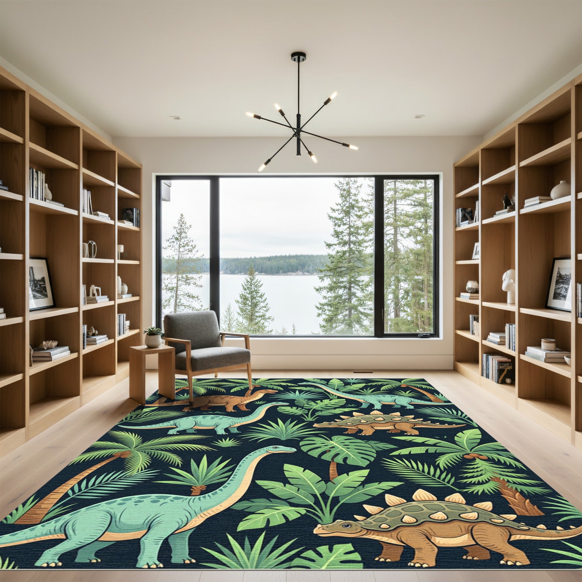Tropical Dinosaur Foliage on Dark Navy Rug
