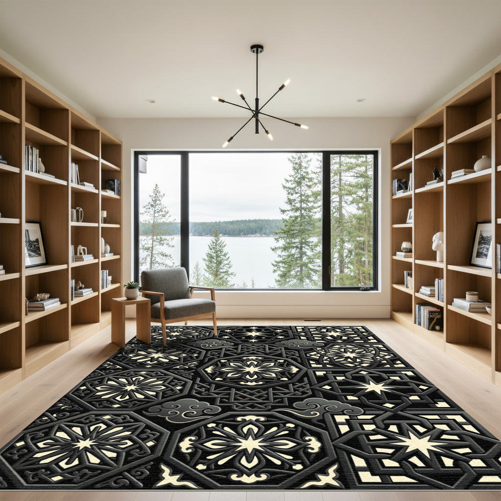 Dark Gray Geometric Starburst Mandala Rug