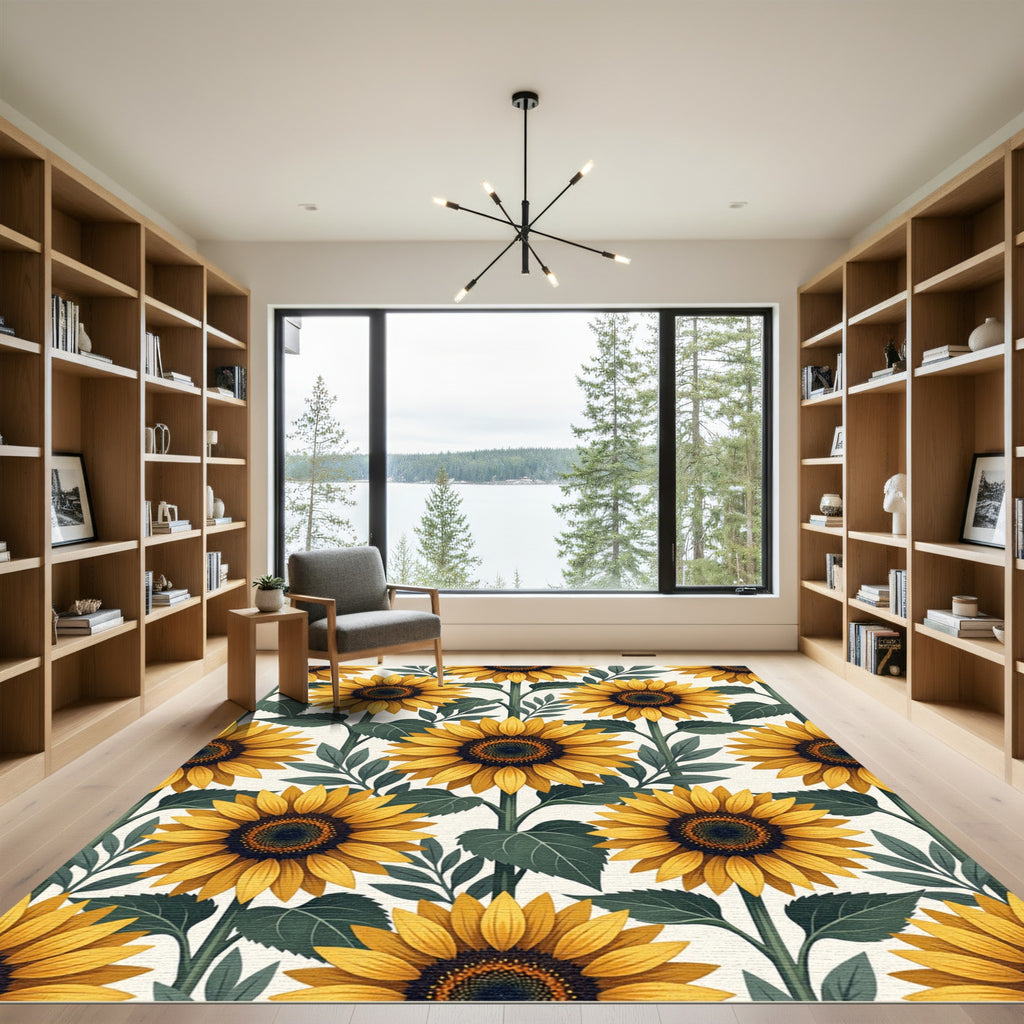 Sunlit Yellow Sunflower Botanical Illustration Rug