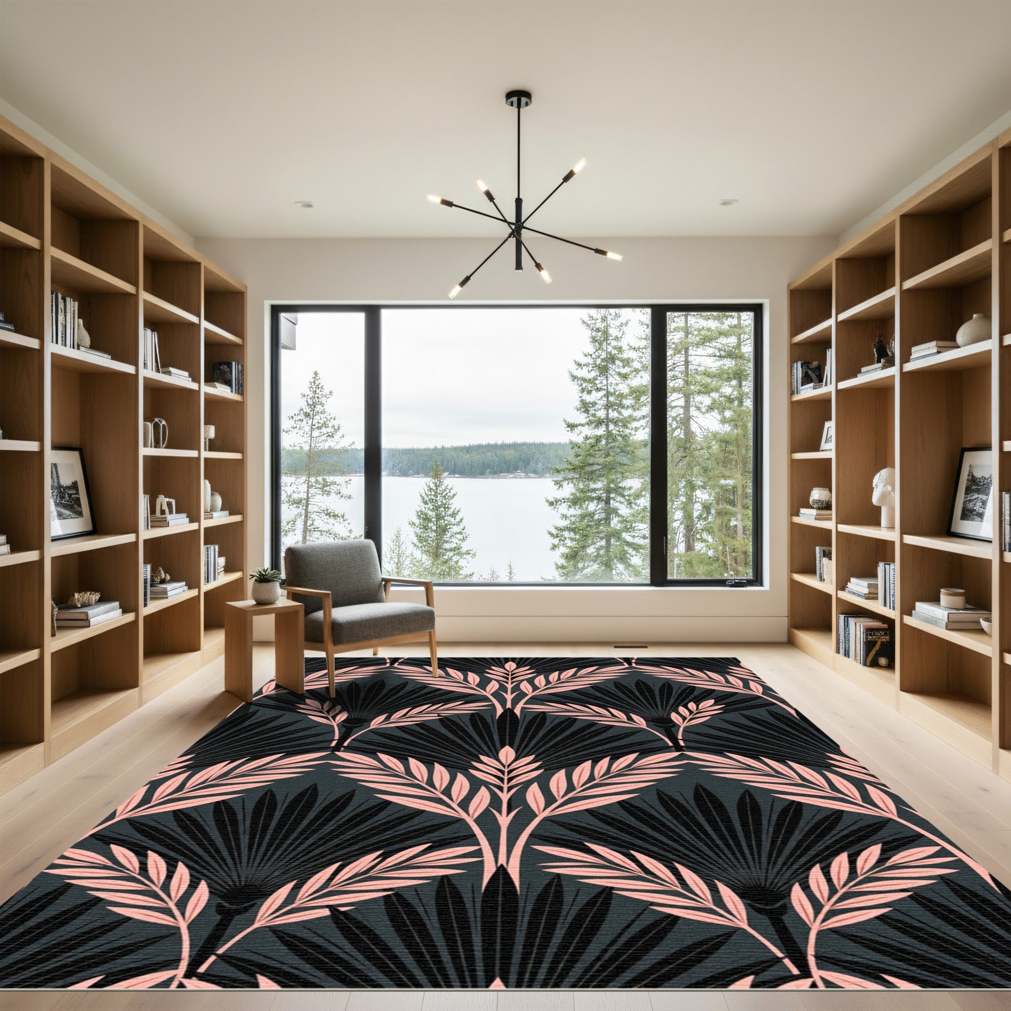 Art Deco Blush Palm Black Foliage Rug