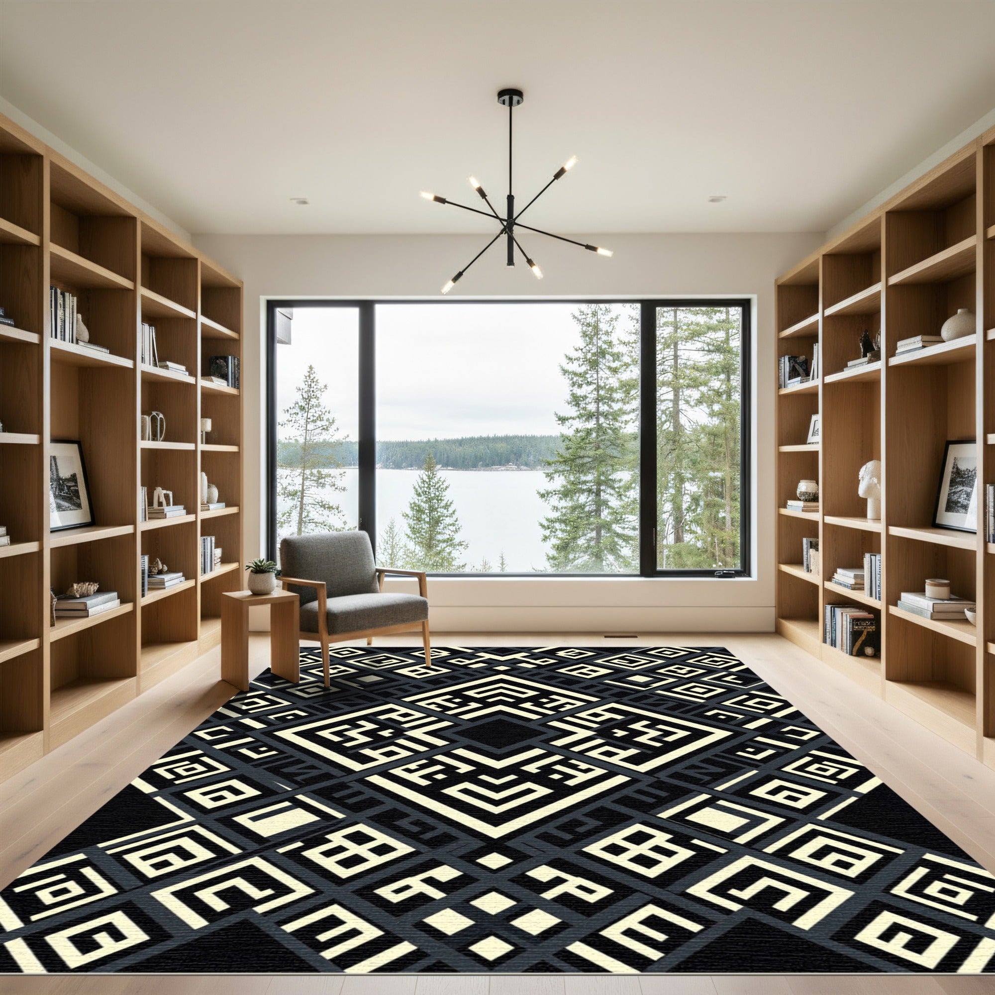 Monochrome Geometric Maze Diamond Square Rug