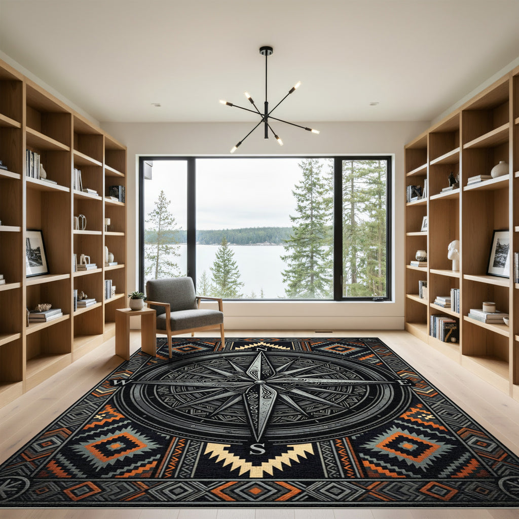 Geometric Compass Nautical Grey Orange Rug