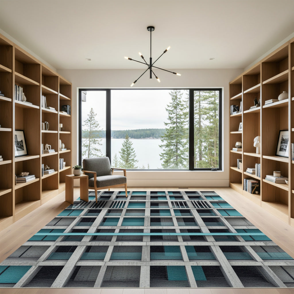 Architectural Teal Grid Structural Concrete Art Rug