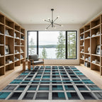 Architectural Teal Grid Structural Concrete Art Rug