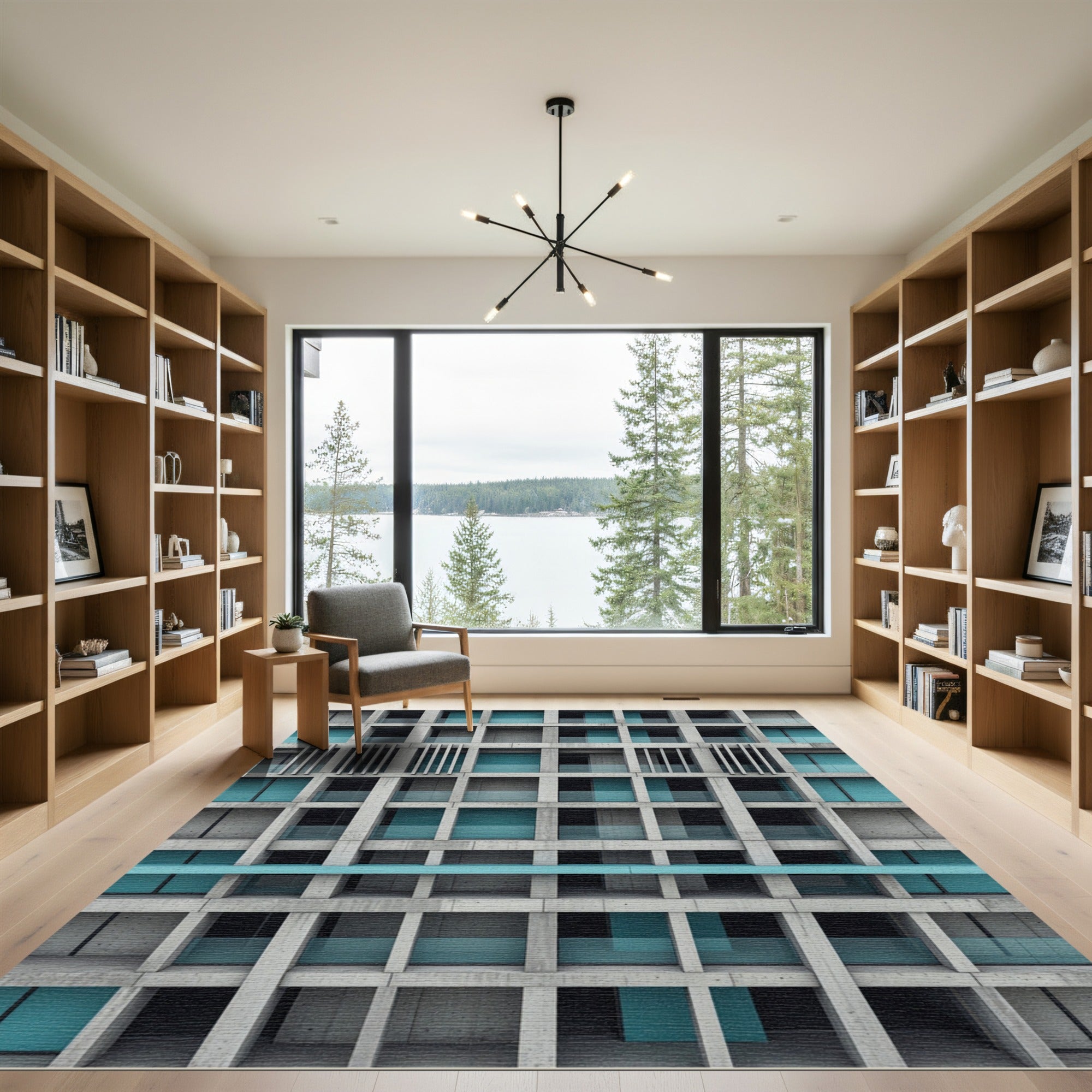 Architectural Teal Grid Structural Concrete Art Rug