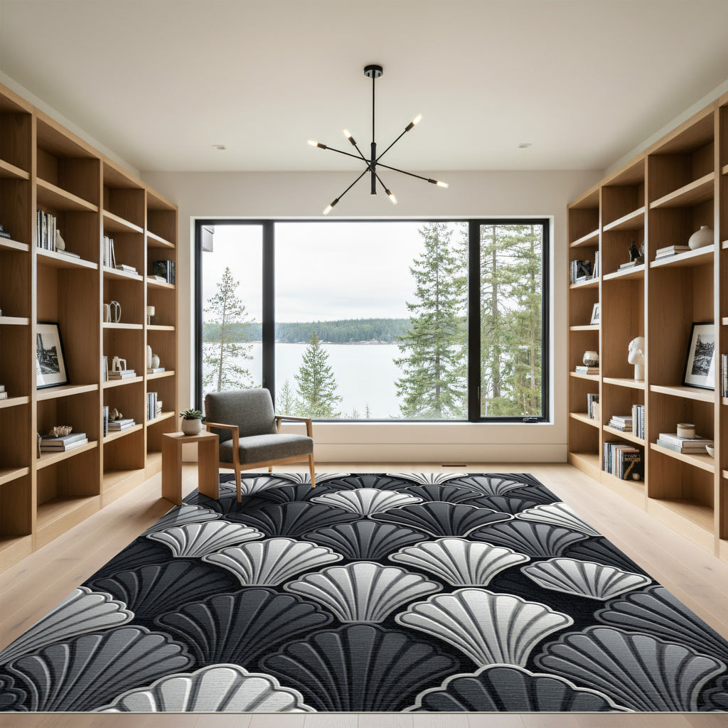 Sophisticated Monochrome Scalloped Art Deco Shell Rug