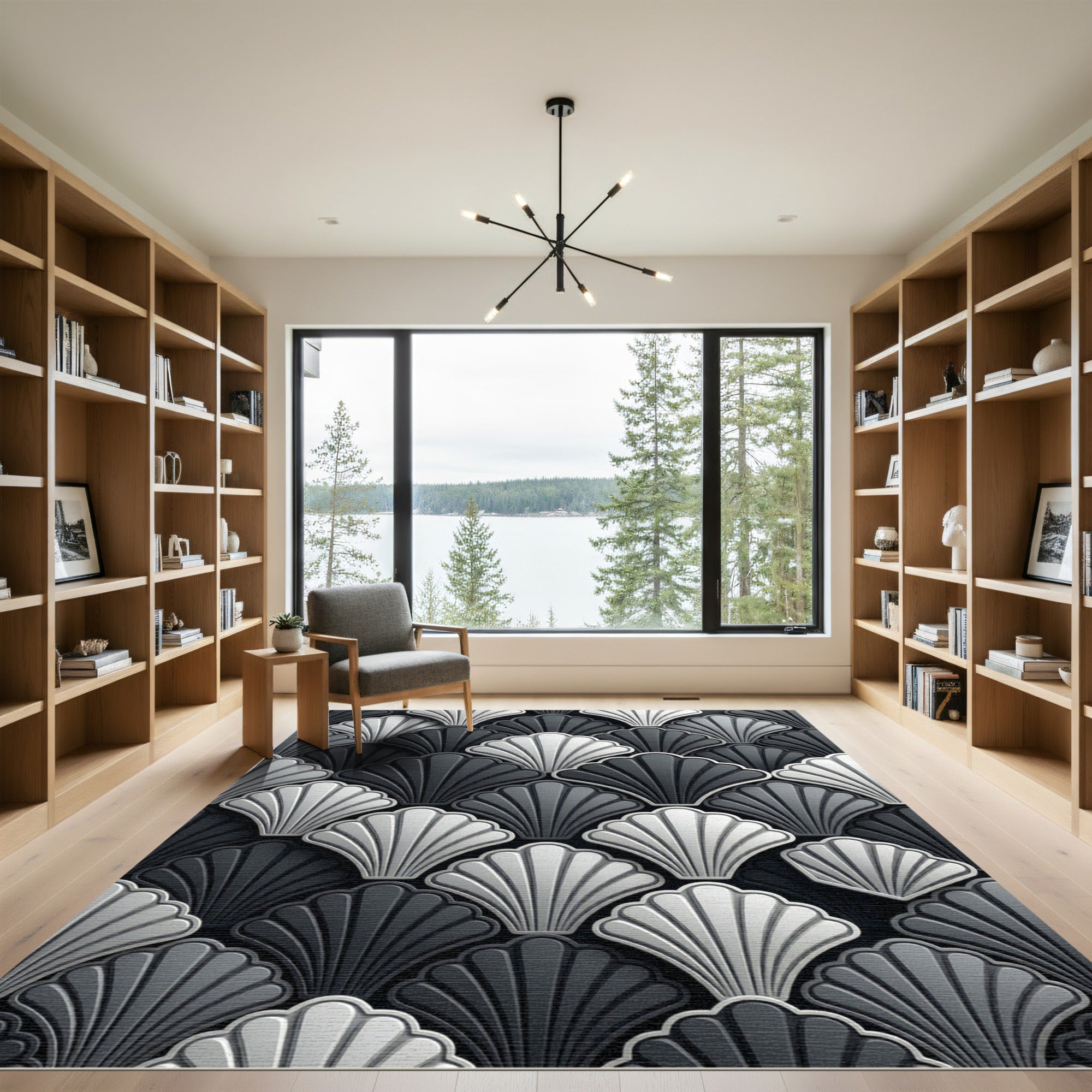 Sophisticated Monochrome Scalloped Art Deco Shell Rug