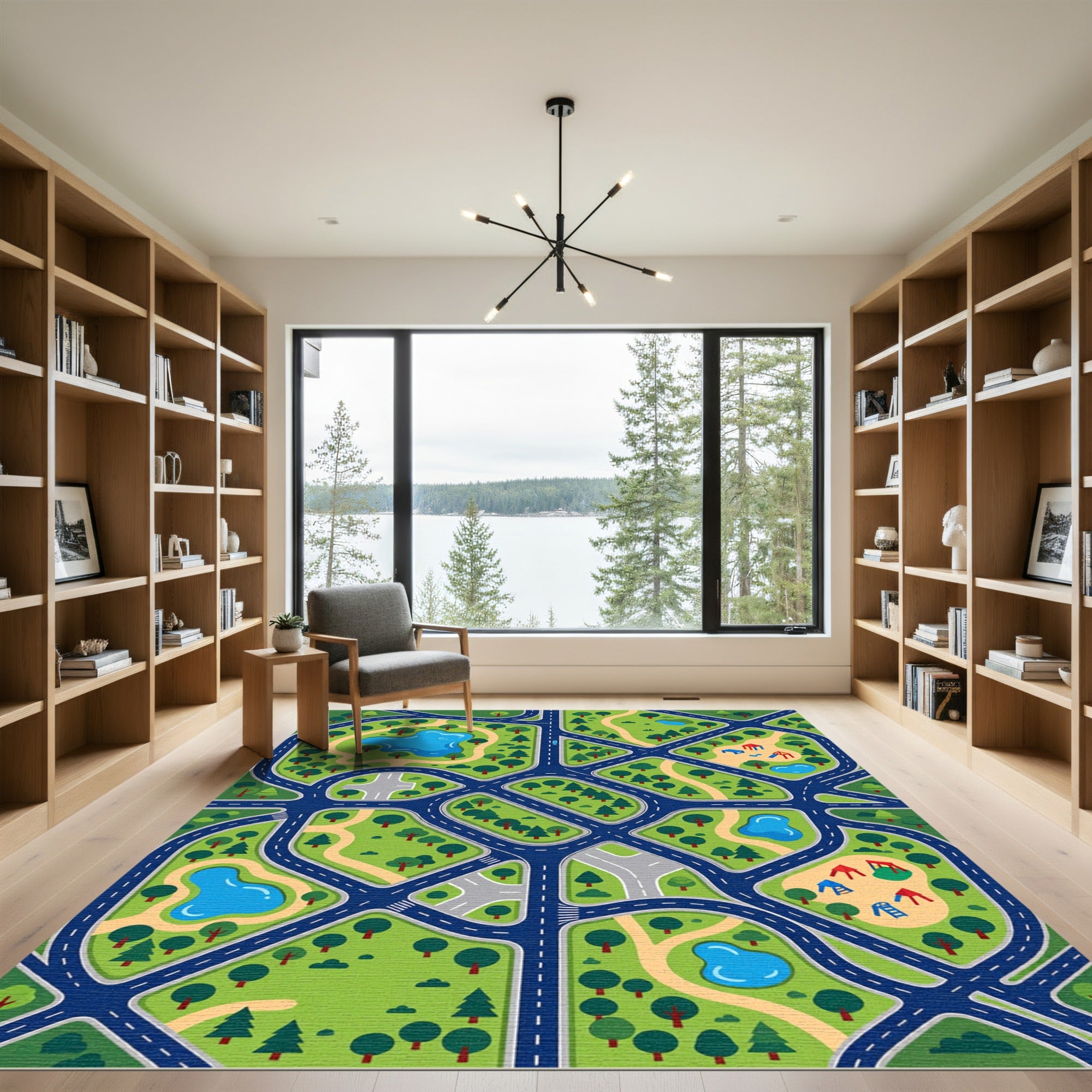Vibrant Blue City Street Village Map Rug
