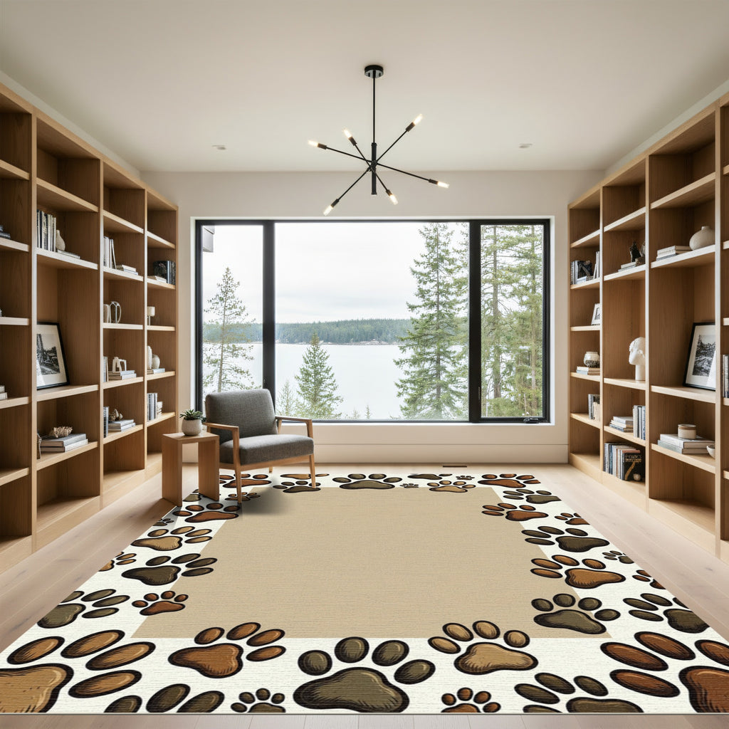 Playful Brown Paw Footprint Border Rug