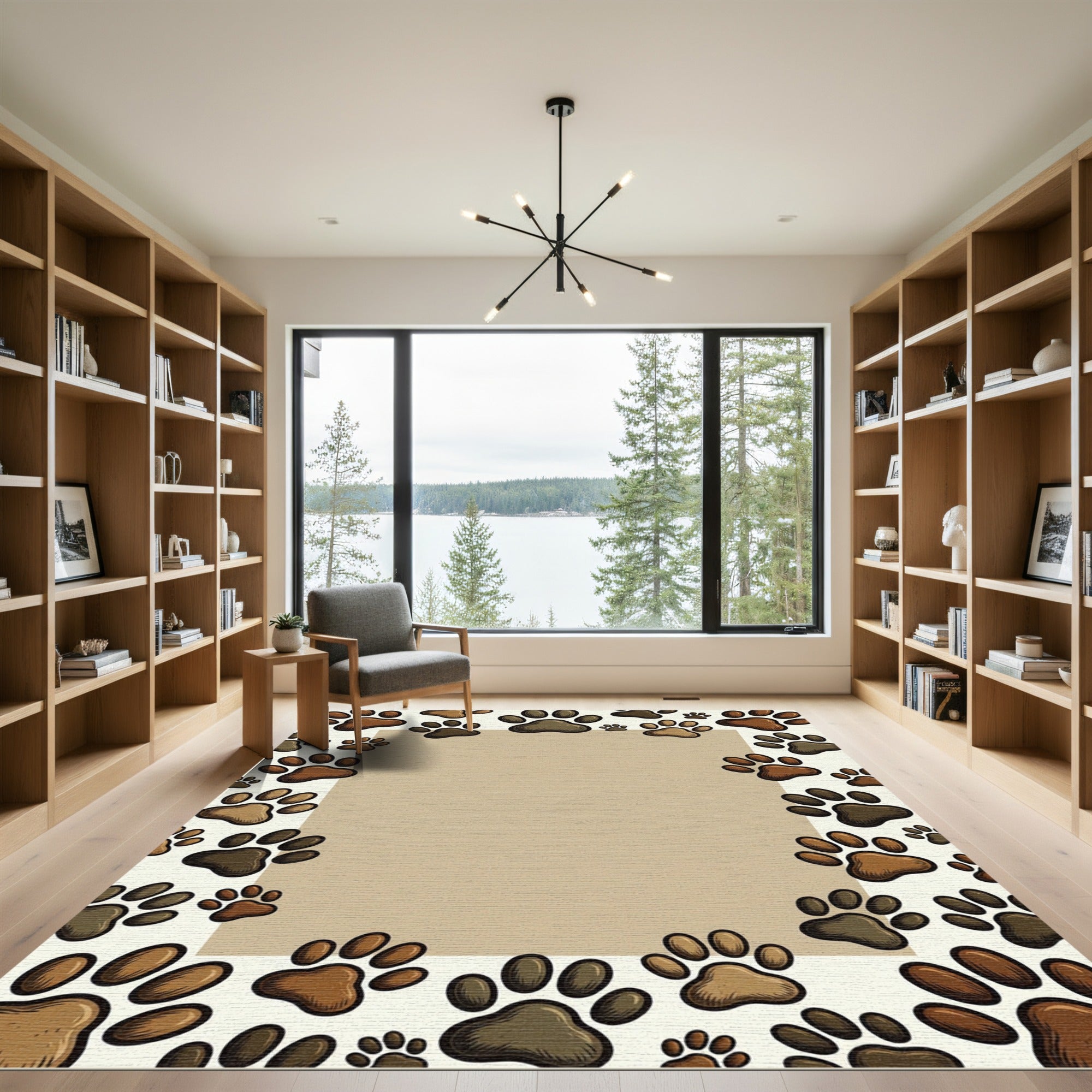 Playful Brown Paw Footprint Border Rug