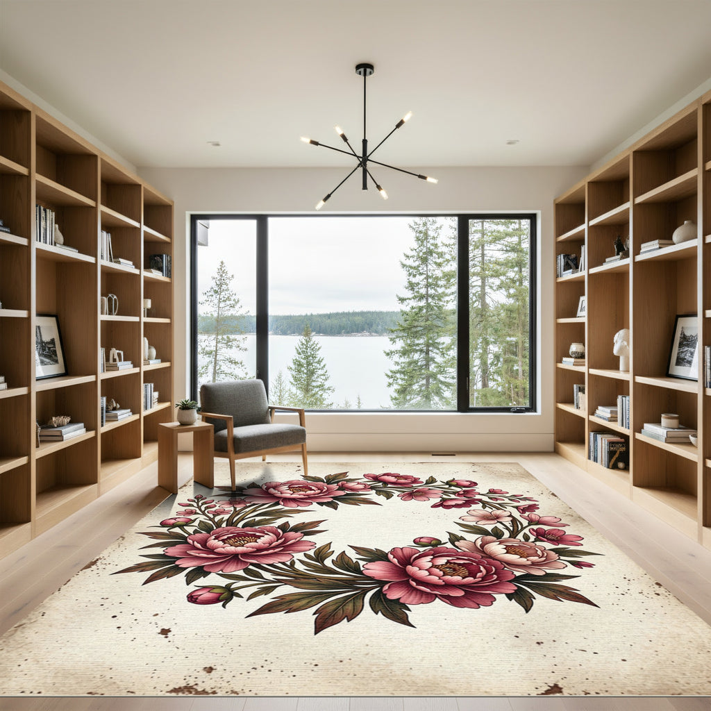 Pink Peony Floral Wreath Rug