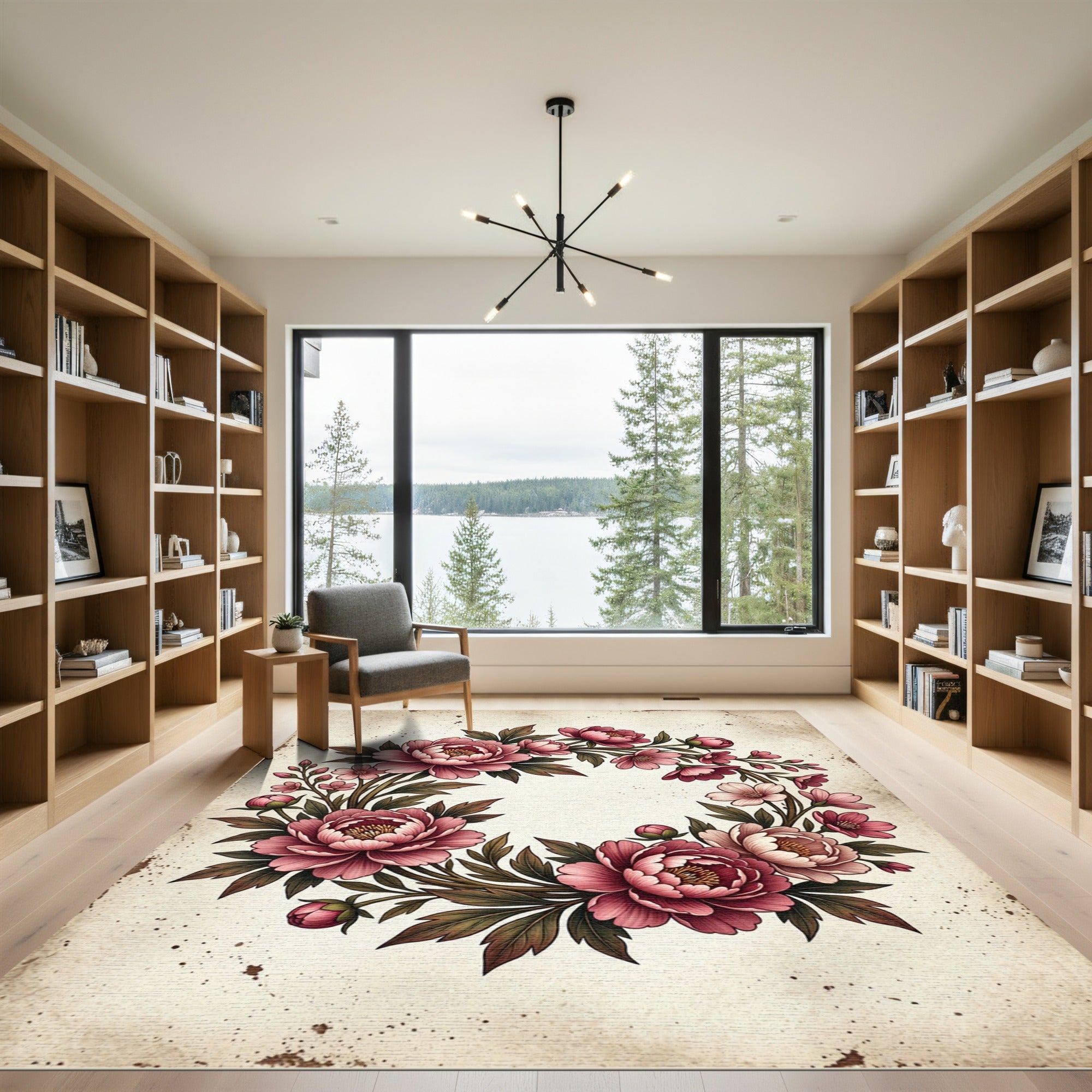 Pink Peony Floral Wreath Rug