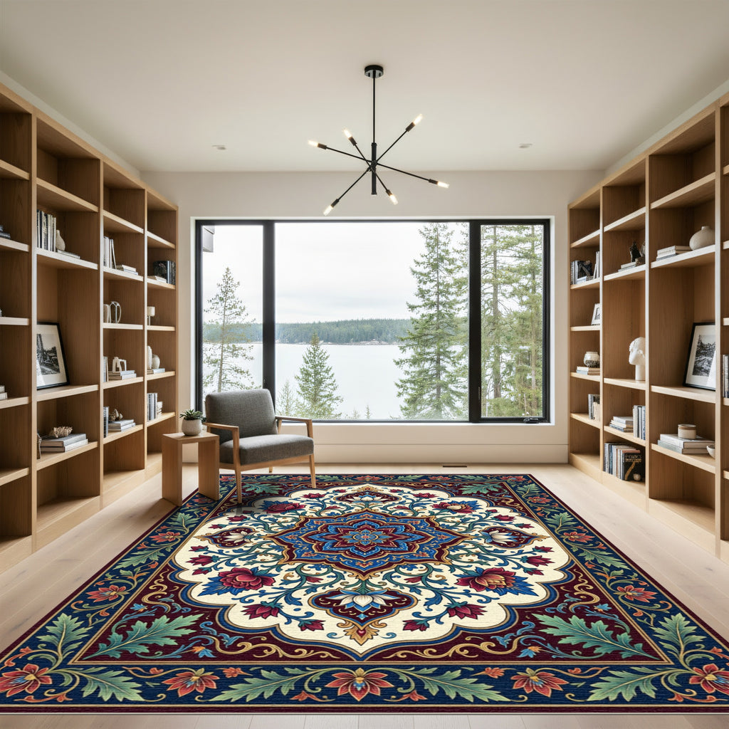 Ornate Crimson Floral Medallion with Teal Vines Rug