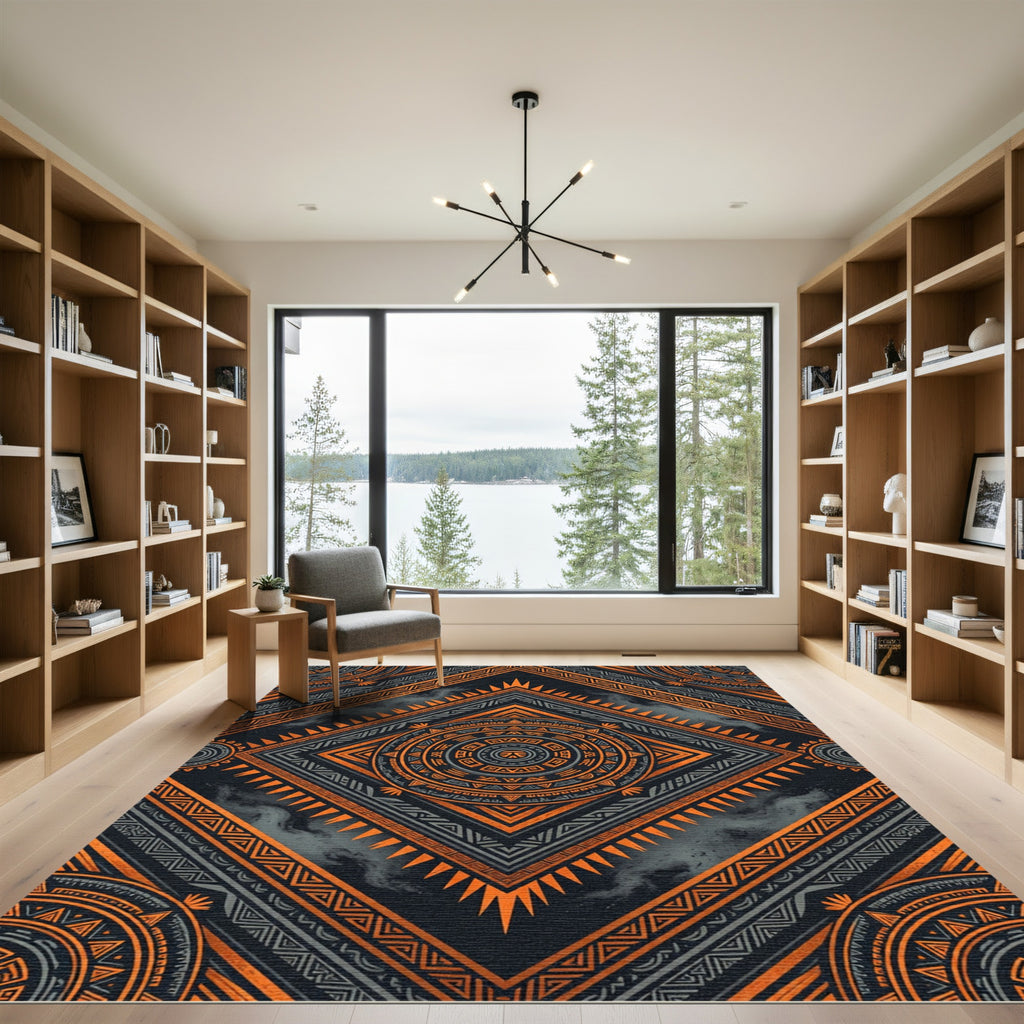 Bold Orange Tribal Sun Mandala Rug