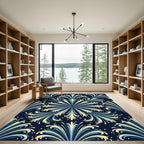 Navy Blue Cream Elegant Floral Swirl Rug