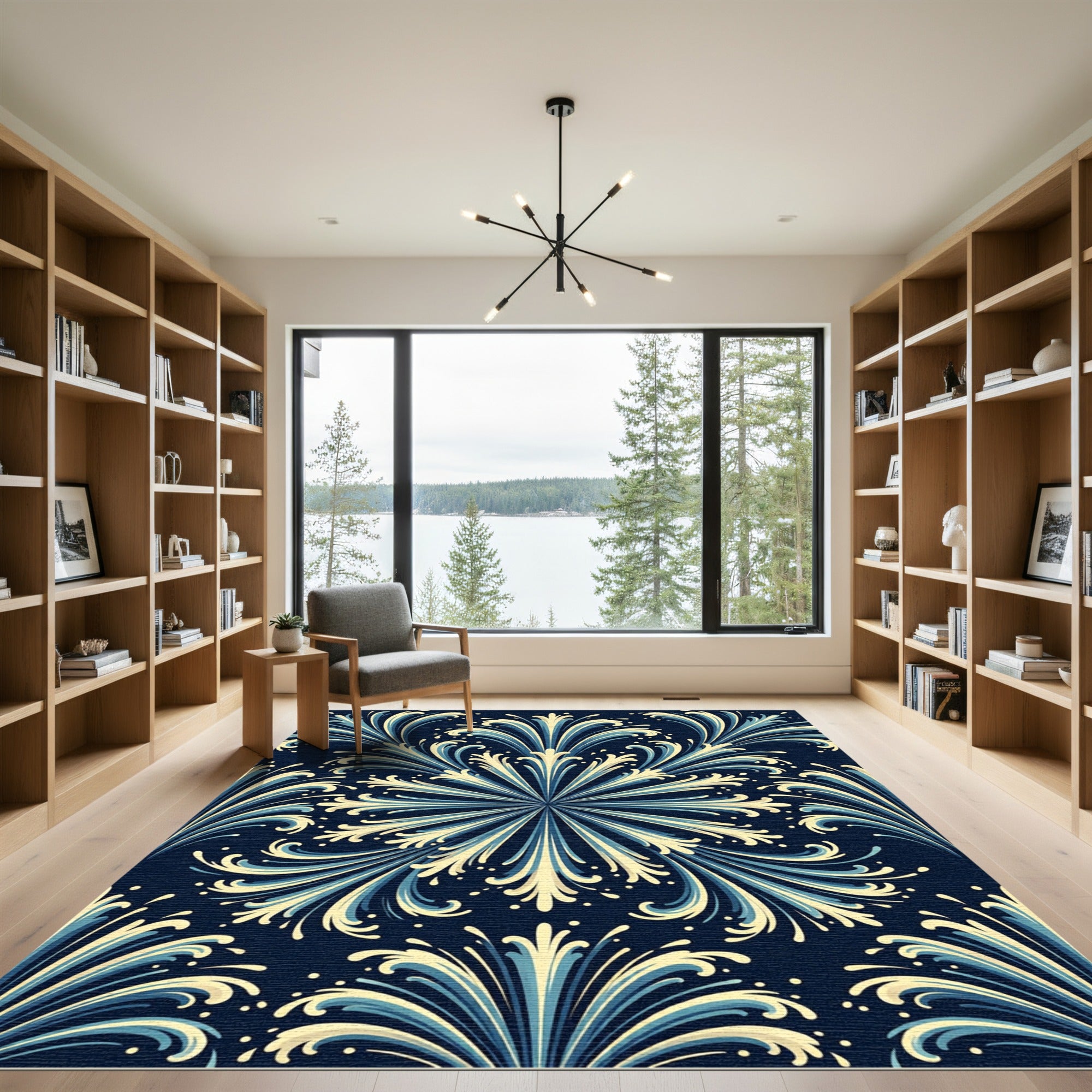 Navy Blue Cream Elegant Floral Swirl Rug