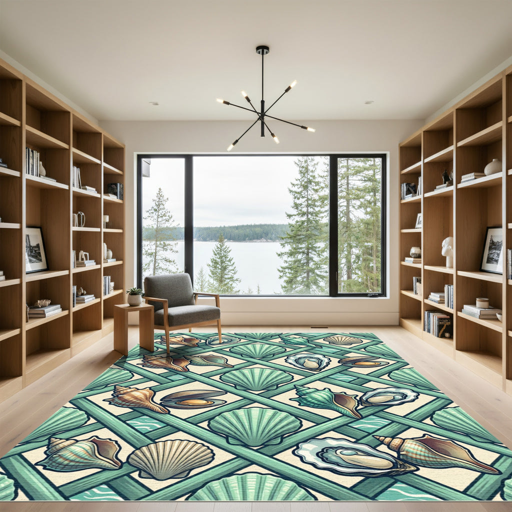 Coastal Seashell Lattice Mint Teal Area Rug