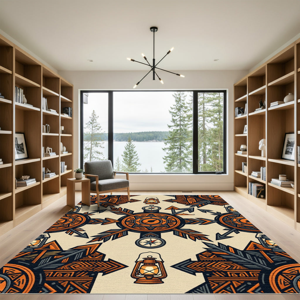 Earthy Orange Lantern Compass Adventure Compass Rug