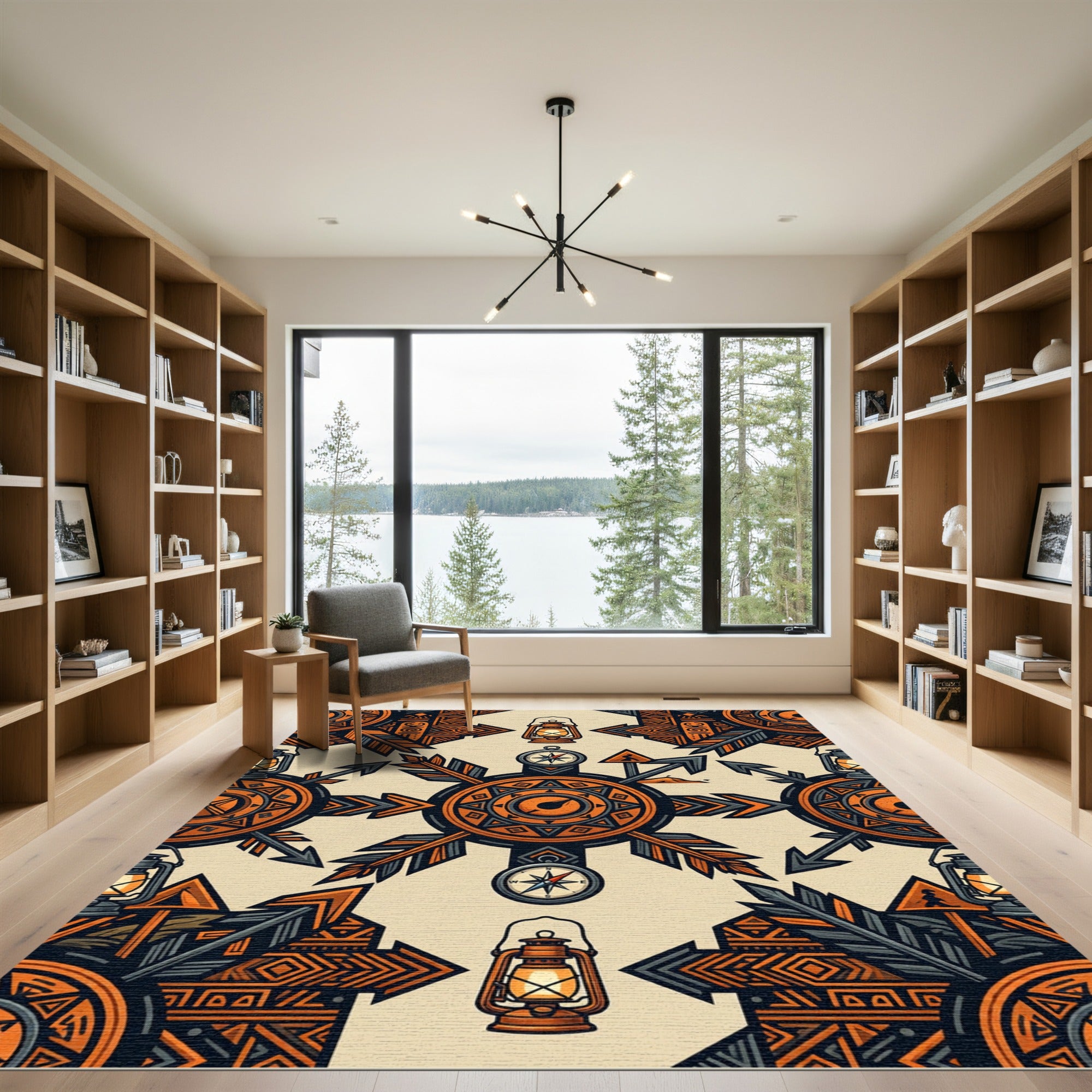Earthy Orange Lantern Compass Adventure Compass Rug
