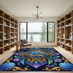 Ornate Blue Gold Floral Shell Garden Rug