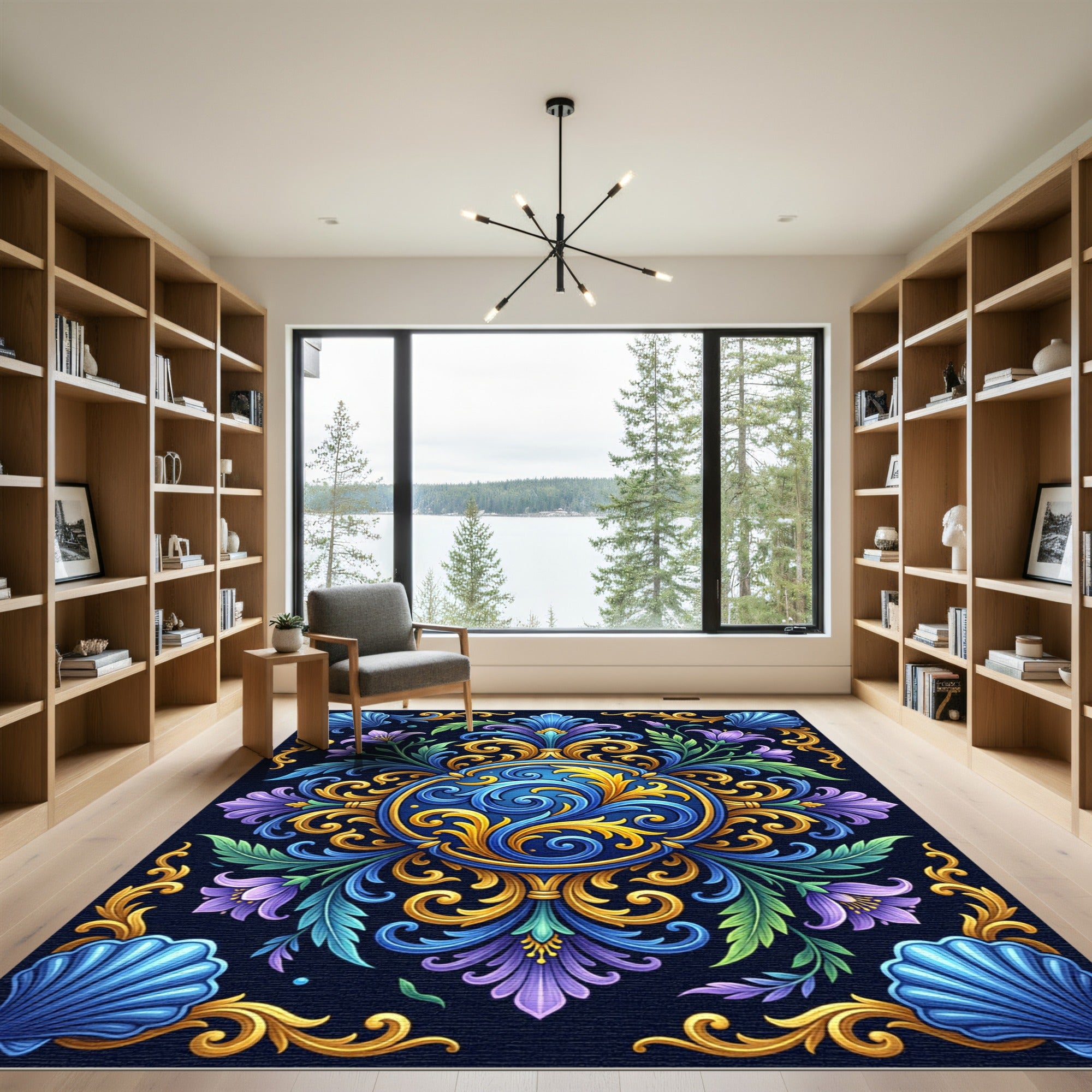 Ornate Blue Gold Floral Shell Garden Rug
