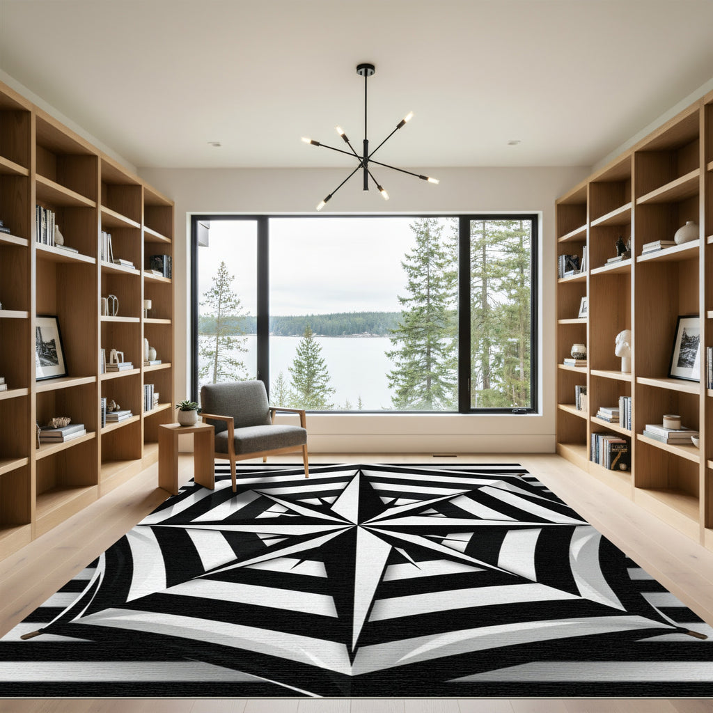 Bold Black White Starburst Stripes Rug