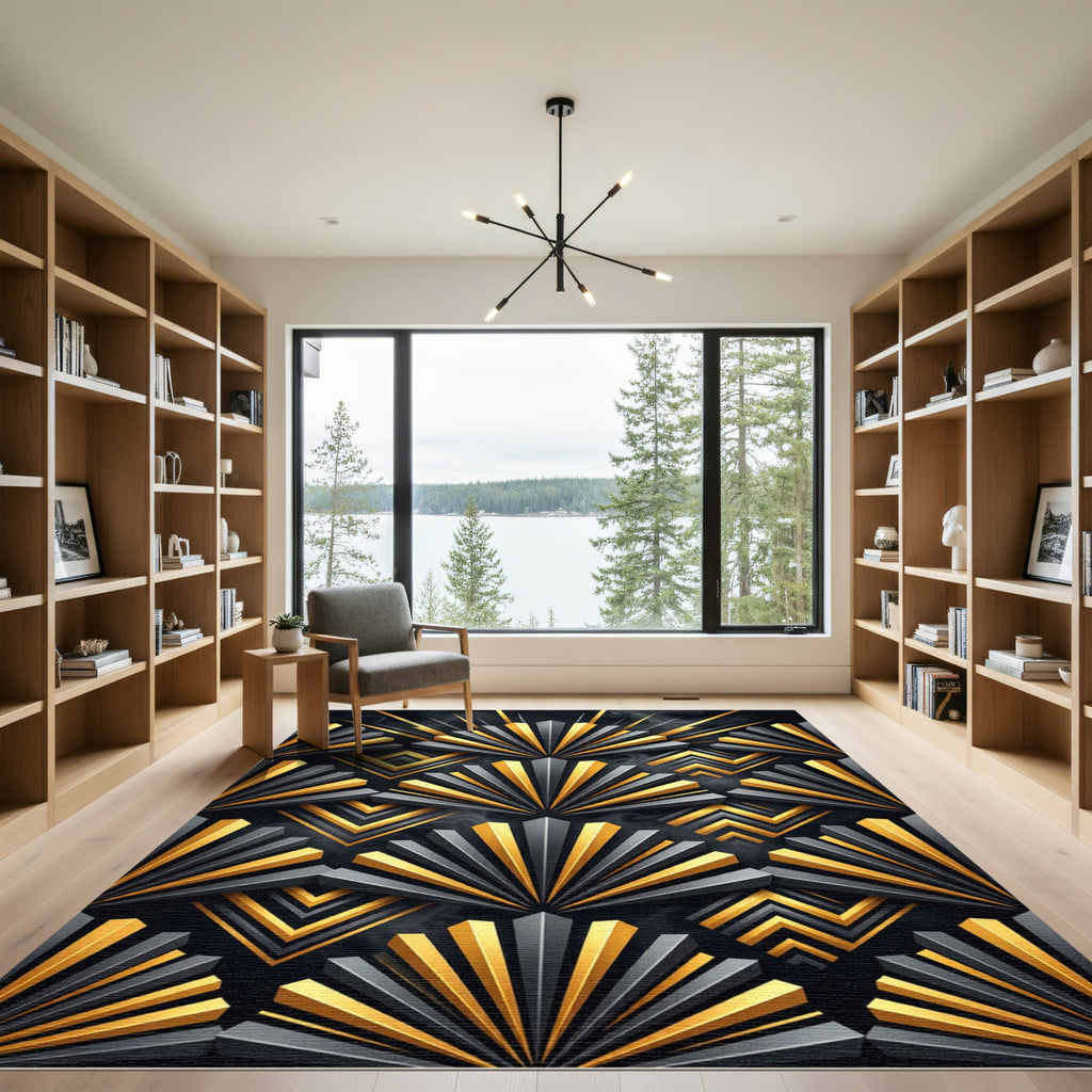 Art Deco Gold Black Fan Geometric Rug