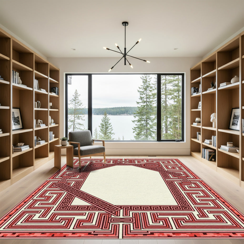Crimson Maze Geometric Medallion Border Rug