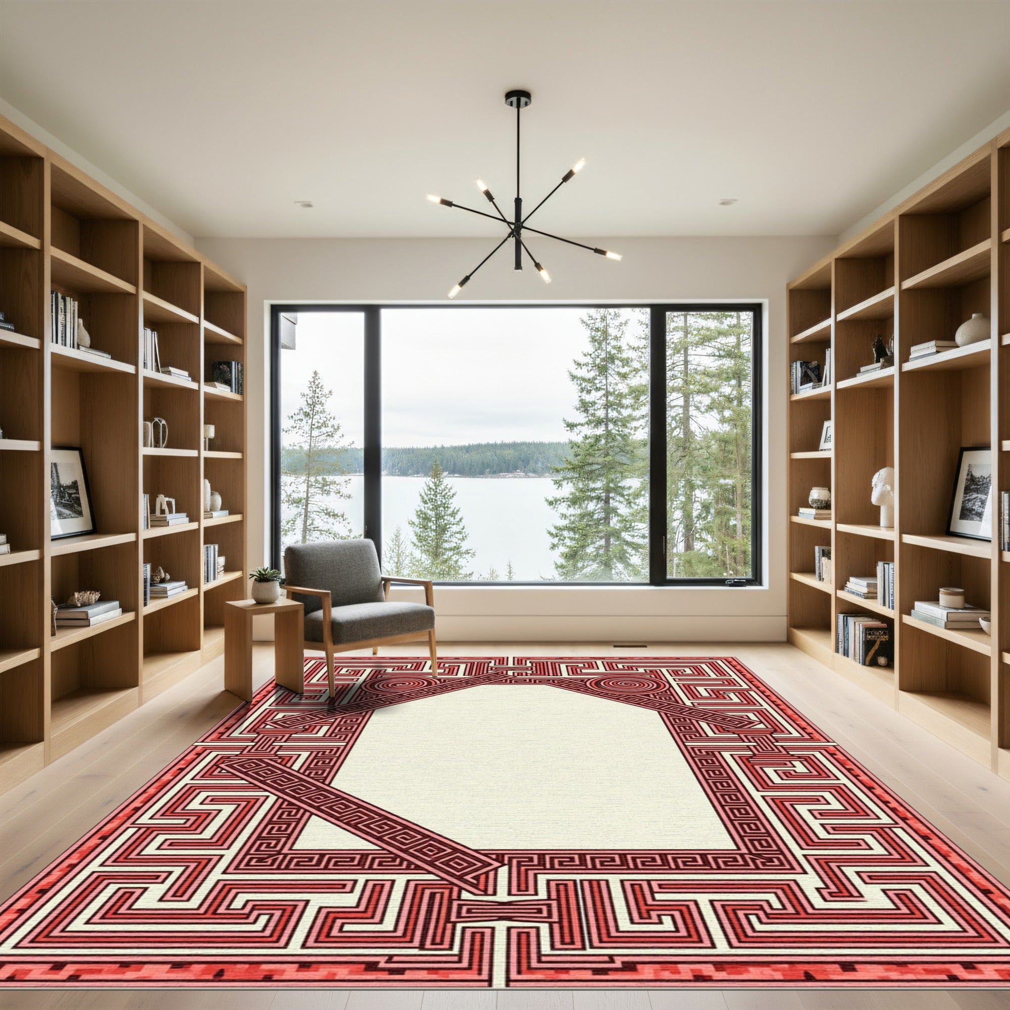 Crimson Maze Geometric Medallion Border Rug