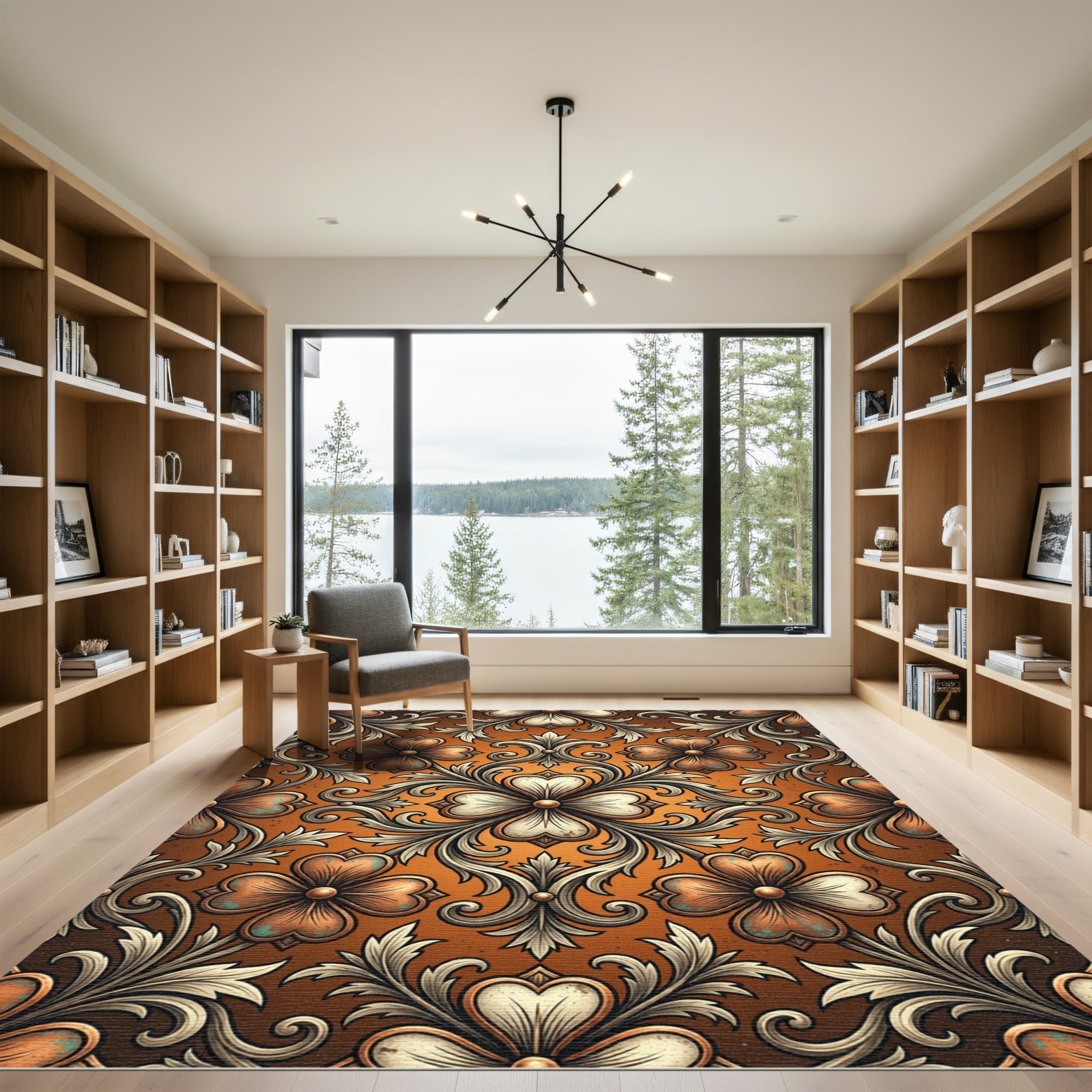 Ornate Amber Copper Floral Scrollmedallion Rug
