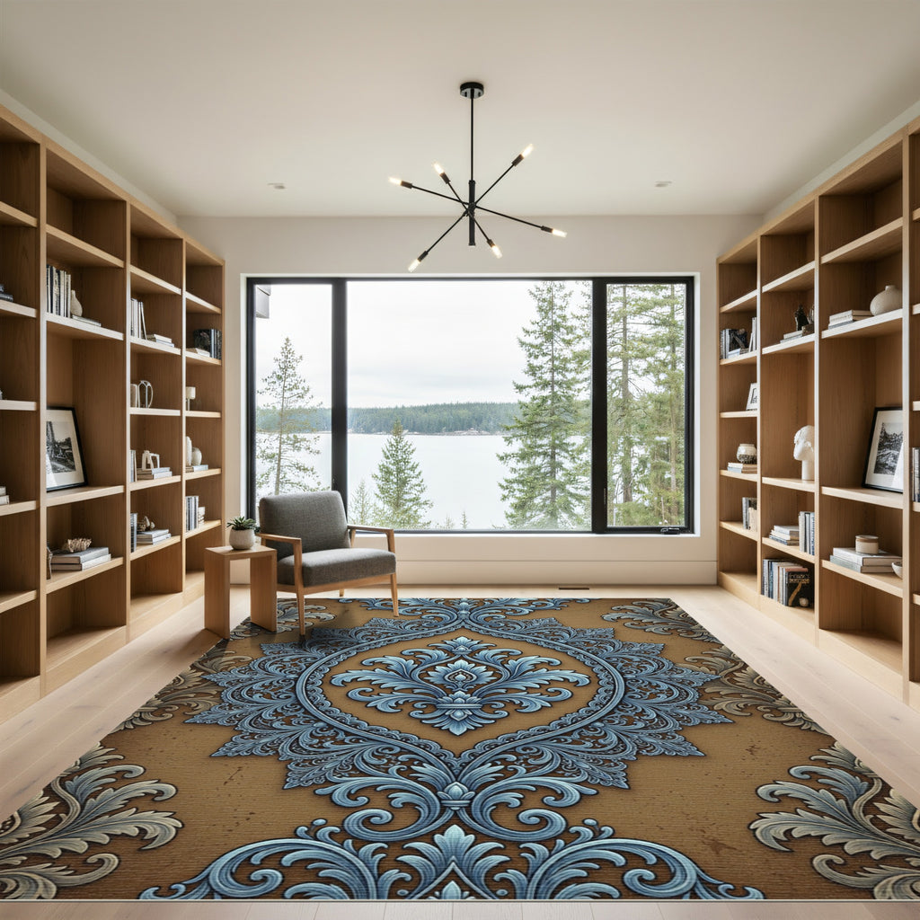 Elegant Blue Scrollwork Brown Damask Rug