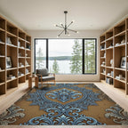 Elegant Blue Scrollwork Brown Damask Rug