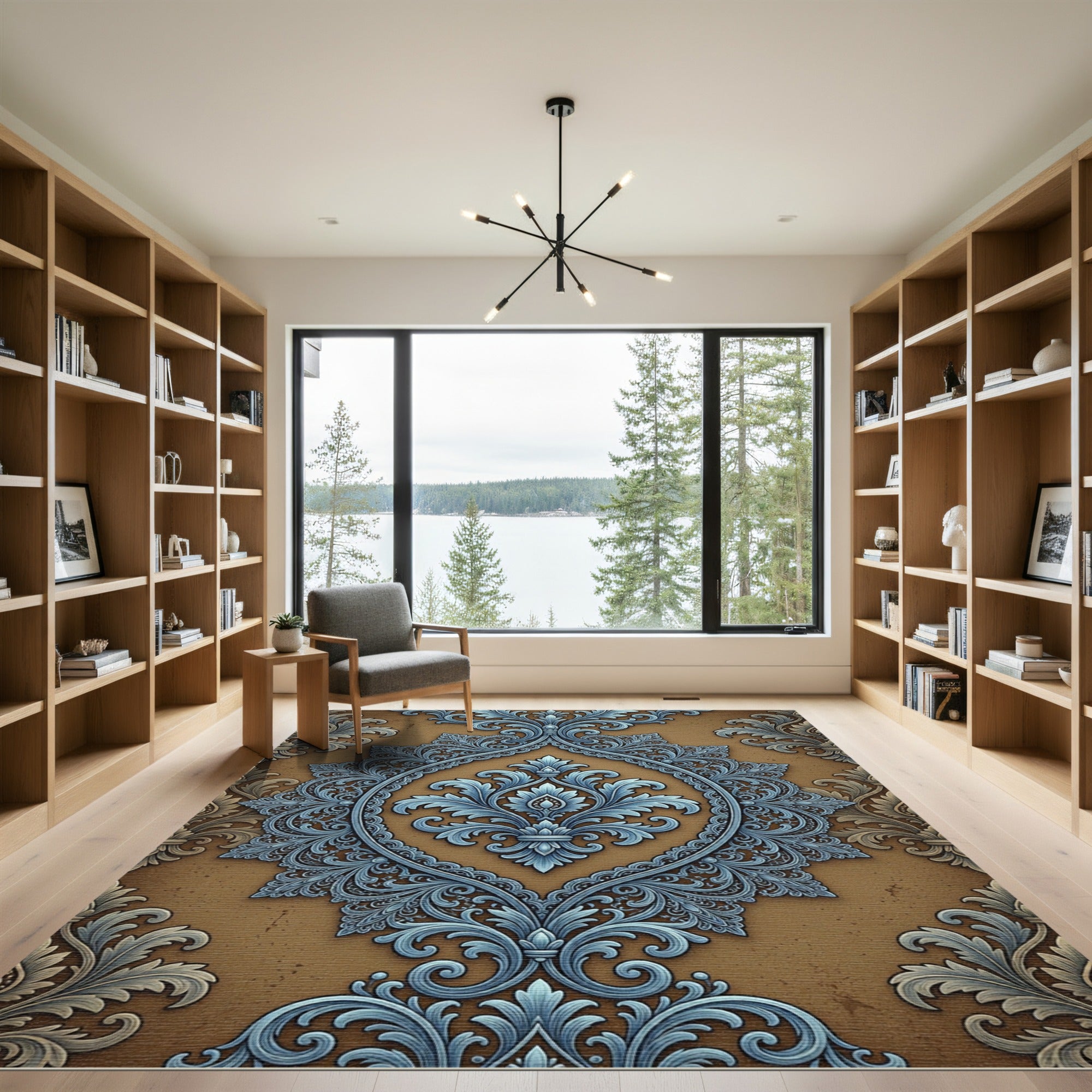 Elegant Blue Scrollwork Brown Damask Rug