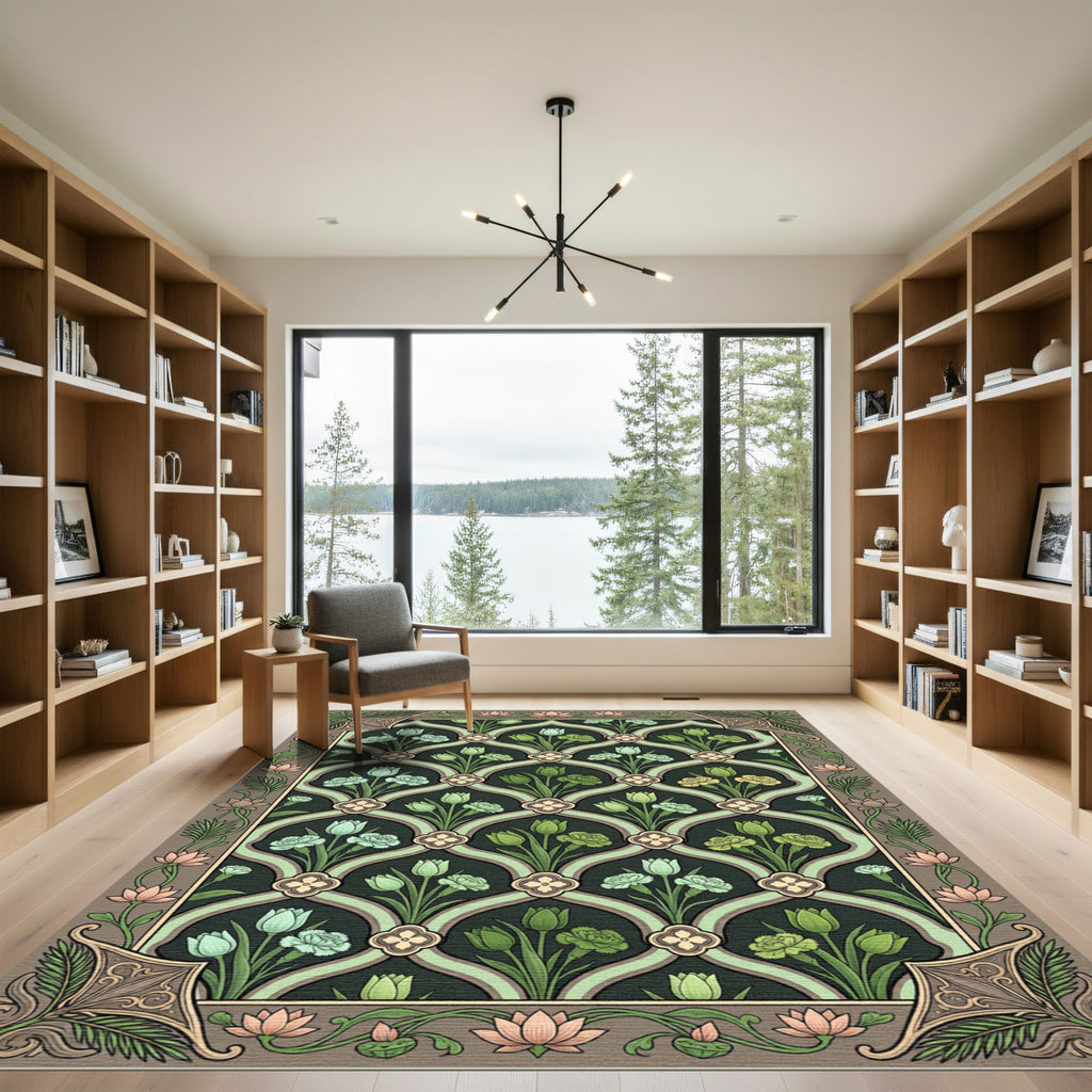 Dark Green Floral Lattice Tulips Rug